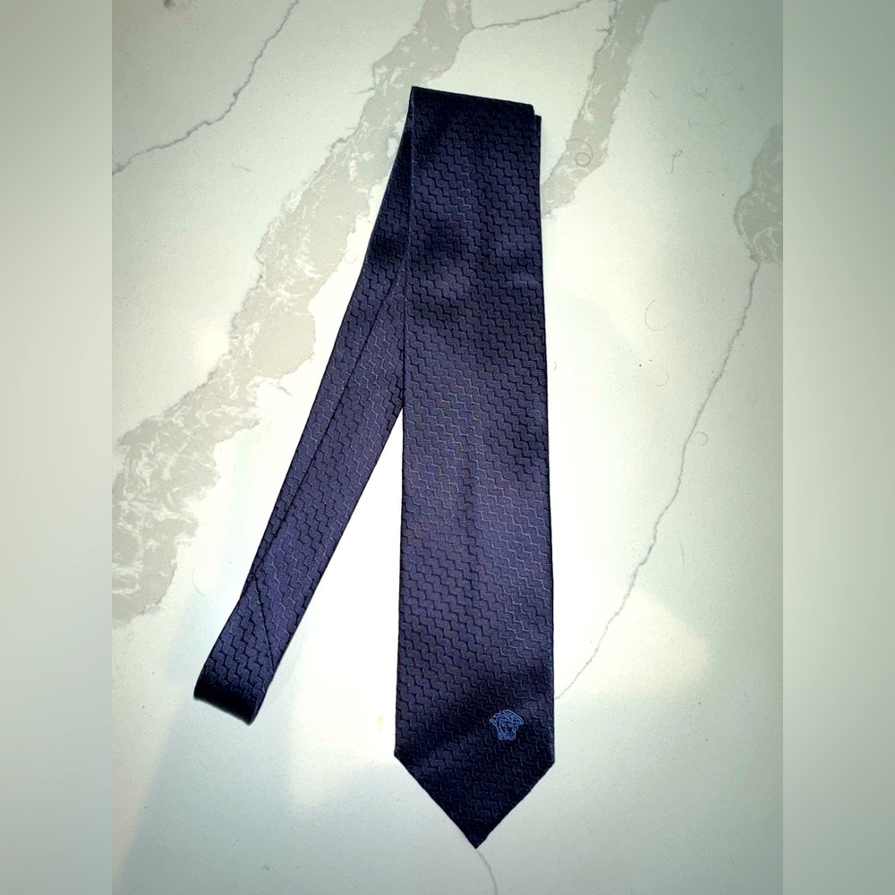 Men’s Versace Tie - Dark Blue with one Small Light blue Medusa head on front